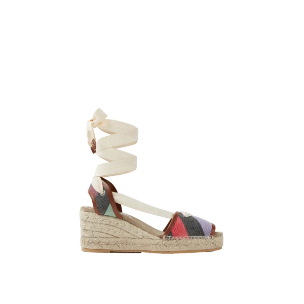 Versace Lola Striped Denim Wedge Sandals 65 mm in Multicolour | Sandals | Coveti