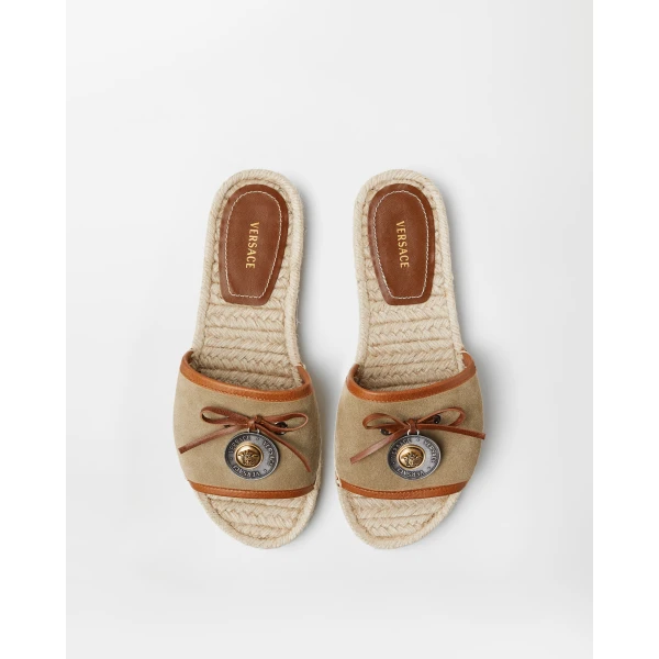 Versace Lola Suede Flat Sandals in Beige, view 2 | Flats
