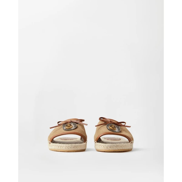 Versace Lola Suede Flat Sandals in Beige, view 3 | Flats