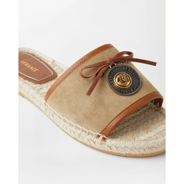 Versace Lola Suede Flat Sandals in Beige, view 4 | Flats