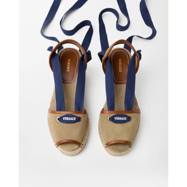Versace Lola Suede Wedge Sandals 65 mm in Blue and Beige, view 2 | Sandals