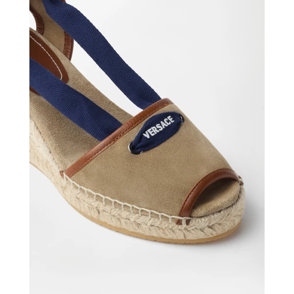 Versace Lola Suede Wedge Sandals 65 mm in Blue and Beige, view 3 | Sandals