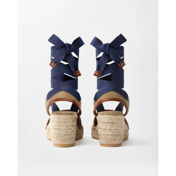 Versace Lola Suede Wedge Sandals 65 mm in Blue and Beige, view 4 | Sandals