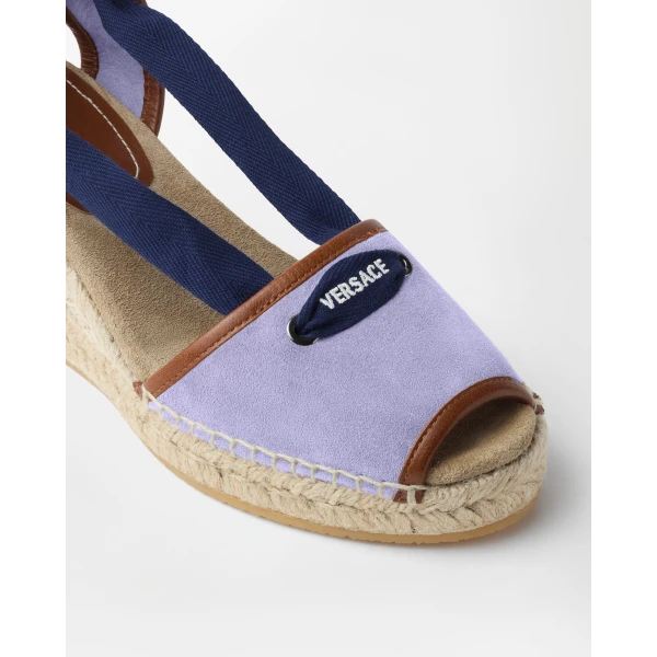 Versace Lola Suede Wedge Sandals 65 mm in Lilac, view 3 | Sandals