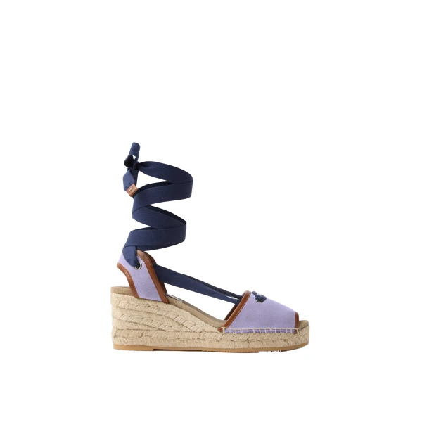 Versace Lola Suede Wedge Sandals 65 mm in Lilac | Sandals | Coveti