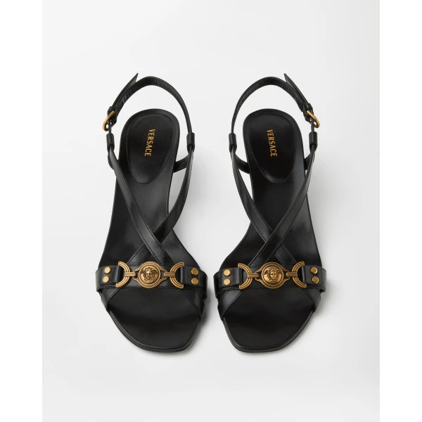 Versace Marisa Leather Sandals 50 mm in Black, view 2 | Sandals