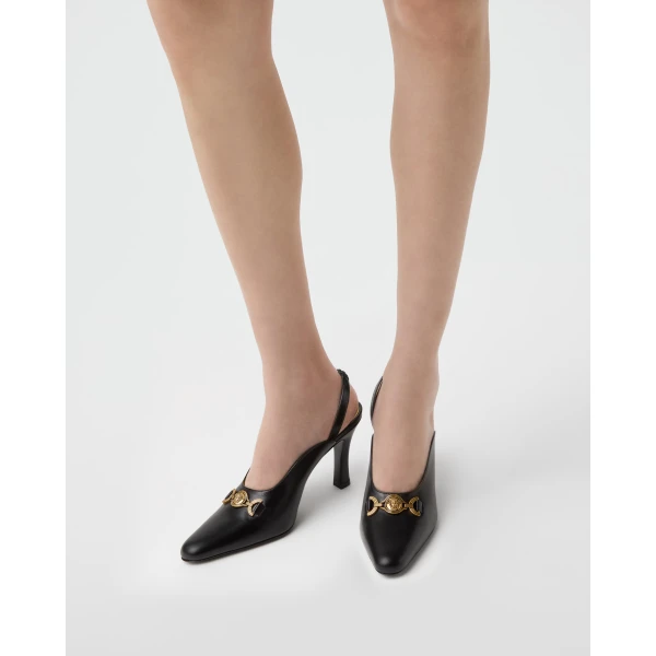 Versace Marisa Leather Slingbacks 90 mm in Black, view 2 | Heels