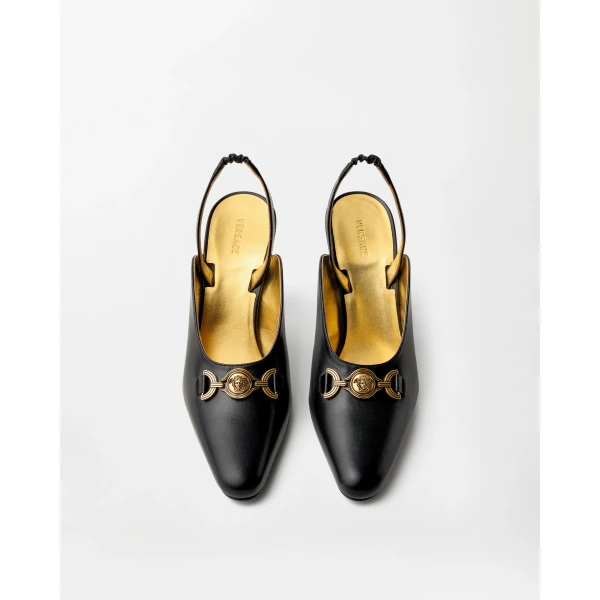 Versace Marisa Leather Slingbacks 90 mm in Black, view 3 | Heels