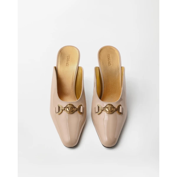 Versace Marisa Patent Mules 90 mm in Beige, view 3 | Mules