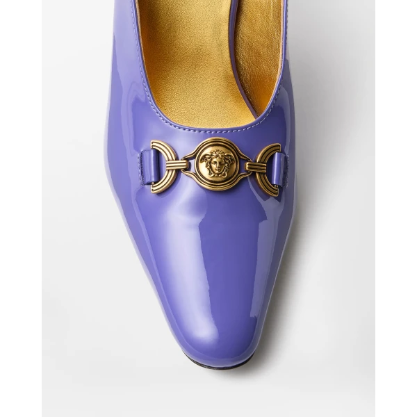 Versace Marisa Patent Mules 90 mm in Lilac, view 6 | Mules