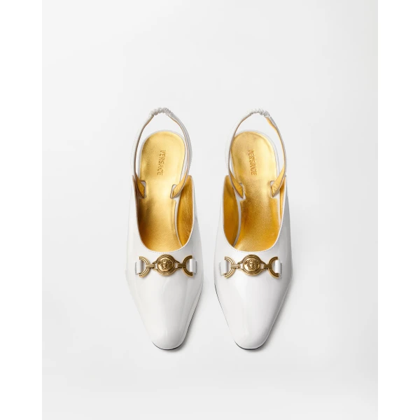 Versace Marisa Patent Slingbacks 90 mm in White, view 3 | Heels