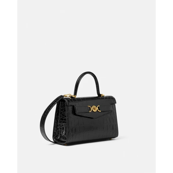 Versace Medusa '95 Croc-Effect Top-Handle in Black and Gold, view 2 | Totes & Top-Handle Bags