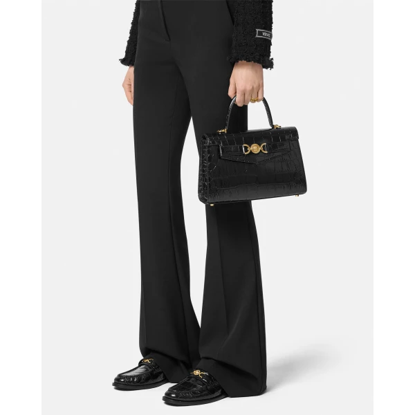 Versace Medusa '95 Croc-Effect Top-Handle in Black and Gold, view 3 | Totes & Top-Handle Bags