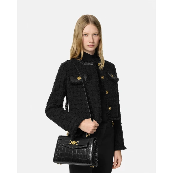 Versace Medusa '95 Croc-Effect Top-Handle in Black and Gold, view 4 | Totes & Top-Handle Bags