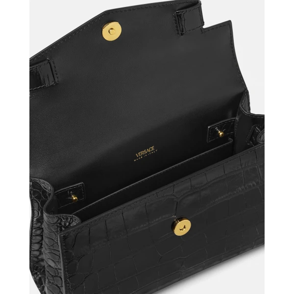 Versace Medusa '95 Croc-Effect Top-Handle in Black and Gold, view 5 | Totes & Top-Handle Bags
