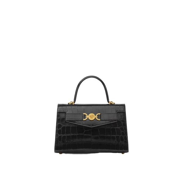 Versace Medusa '95 Croc-Effect Top-Handle in Black and Gold | Totes & Top-Handle Bags | Coveti