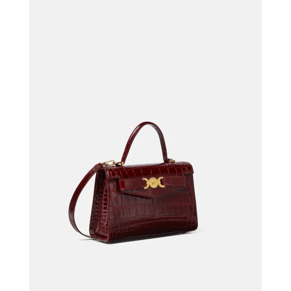 Versace Medusa '95 Croc-Effect Top-Handle in Burgundy, view 2 | Totes & Top-Handle Bags