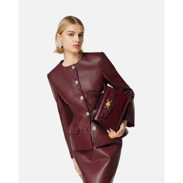 Versace Medusa '95 Croc-Effect Top-Handle in Burgundy, view 3 | Totes & Top-Handle Bags