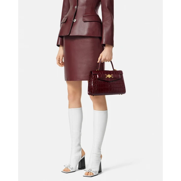 Versace Medusa '95 Croc-Effect Top-Handle in Burgundy, view 4 | Totes & Top-Handle Bags