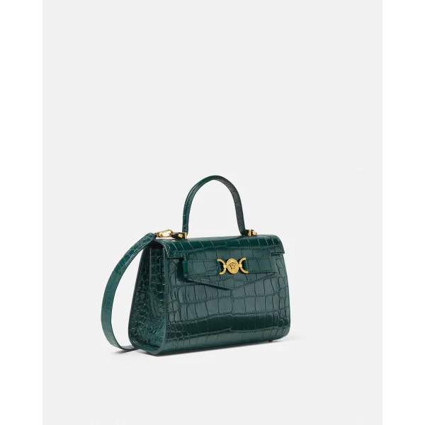 Versace Medusa '95 Croc-Effect Top-Handle in Green, view 2 | Totes & Top-Handle Bags