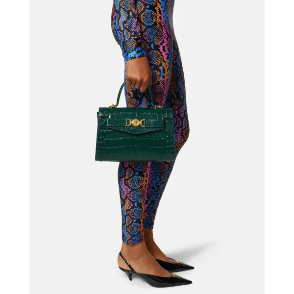 Versace Medusa '95 Croc-Effect Top-Handle in Green, view 3 | Totes & Top-Handle Bags