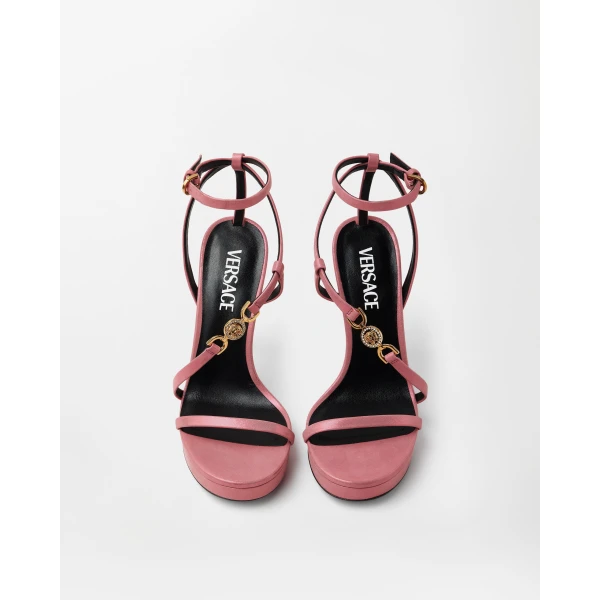 Versace Medusa '95 Embellished Leather Sandals 115 mm in Pink, view 3 | Sandals