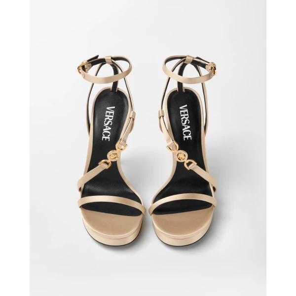 Versace Medusa '95 Embellished Satin Sandals 115 mm in Beige, view 2 | Sandals