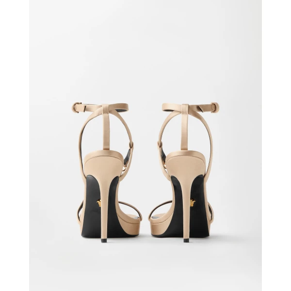 Versace Medusa '95 Embellished Satin Sandals 115 mm in Beige, view 4 | Sandals