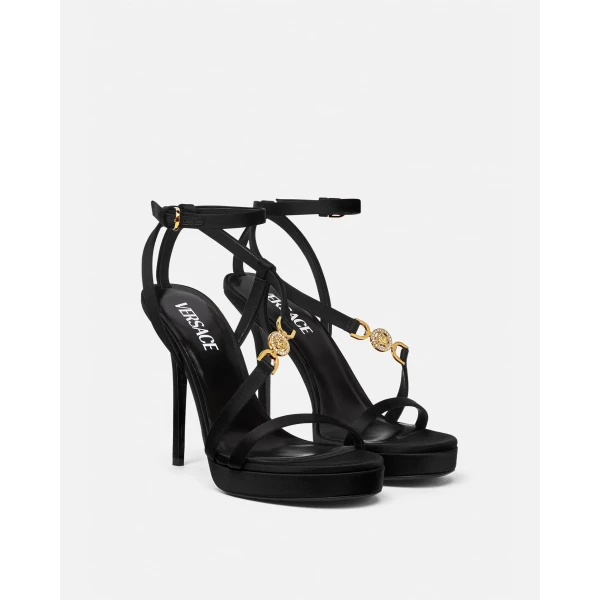Versace Medusa '95 Embellished Satin Sandals 115 mm in Black and Gold, view 2 | Sandals