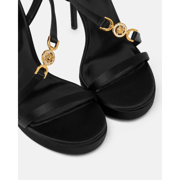 Versace Medusa '95 Embellished Satin Sandals 115 mm in Black and Gold, view 3 | Sandals