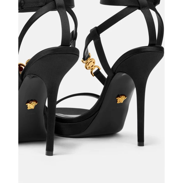 Versace Medusa '95 Embellished Satin Sandals 115 mm in Black and Gold, view 4 | Sandals