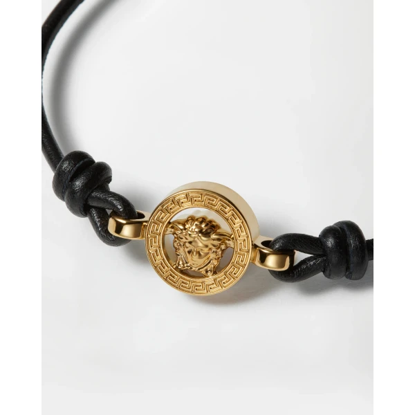 Versace Medusa '95 Leather Bracelet in Black and Gold, view 3 | Bracelets
