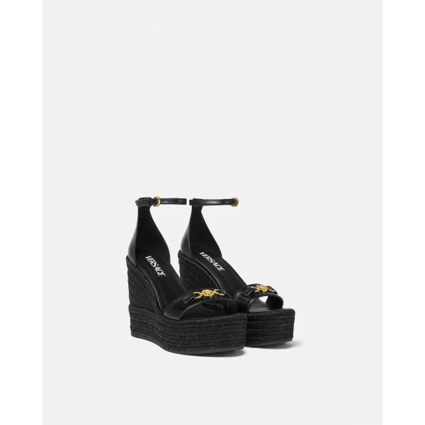 Versace Medusa '95 Leather Wedge Sandals 120 mm in Black and Gold, view 2 | Sandals