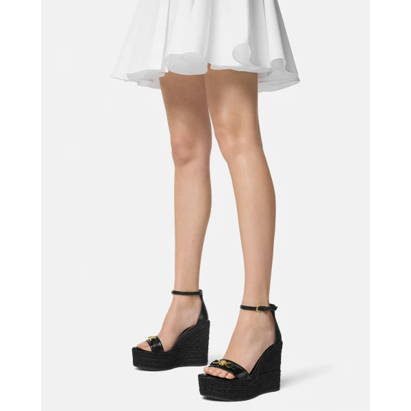 Versace Medusa '95 Leather Wedge Sandals 120 mm in Black and Gold, view 3 | Sandals