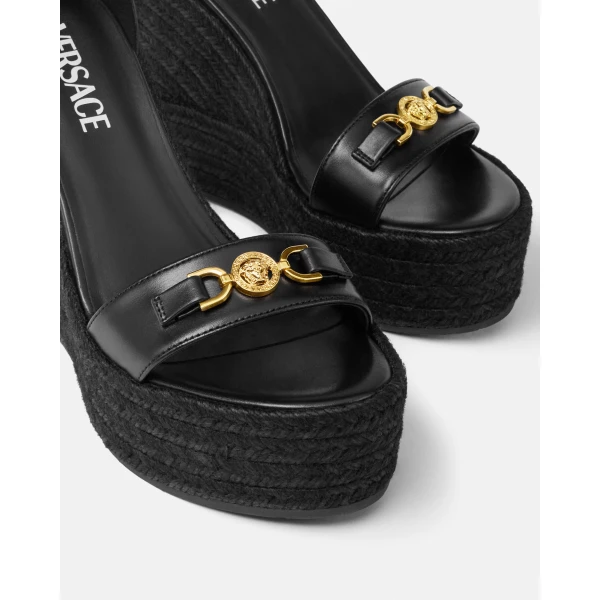 Versace Medusa '95 Leather Wedge Sandals 120 mm in Black and Gold, view 5 | Sandals