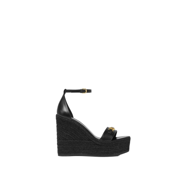 Versace Medusa '95 Leather Wedge Sandals 120 mm in Black and Gold | Sandals | Coveti