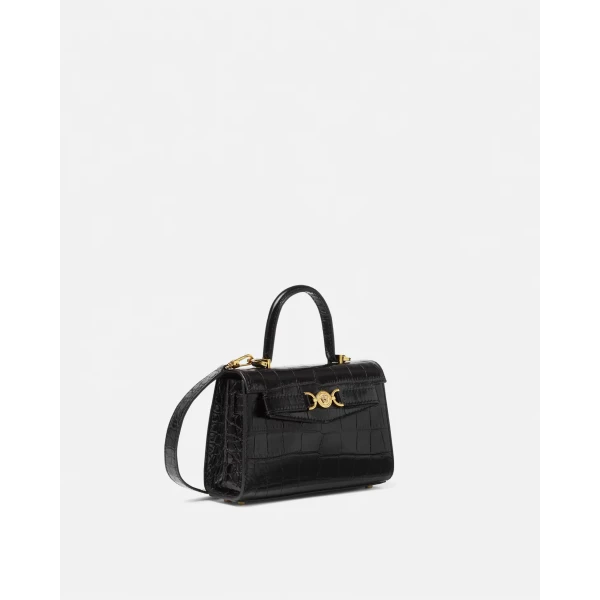 Versace Medusa '95 Small Croc-Effect Top-Handle in Black and Gold, view 2 | Totes & Top-Handle Bags