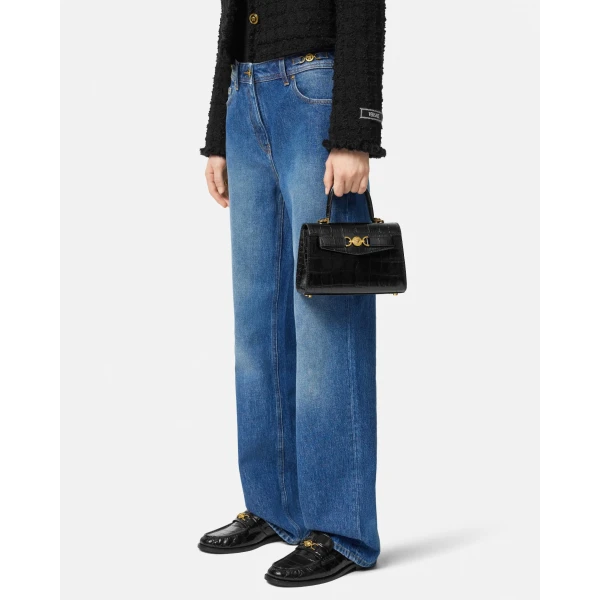 Versace Medusa '95 Small Croc-Effect Top-Handle in Black and Gold, view 3 | Totes & Top-Handle Bags