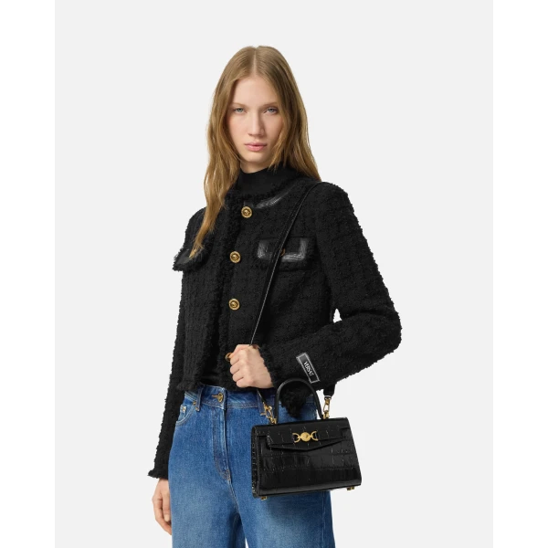 Versace Medusa '95 Small Croc-Effect Top-Handle in Black and Gold, view 4 | Totes & Top-Handle Bags