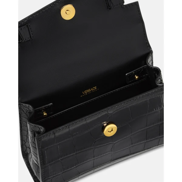 Versace Medusa '95 Small Croc-Effect Top-Handle in Black and Gold, view 5 | Totes & Top-Handle Bags