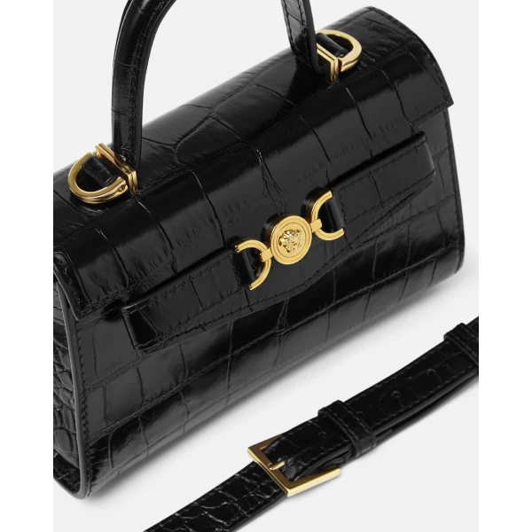 Versace Medusa '95 Small Croc-Effect Top-Handle in Black and Gold, view 6 | Totes & Top-Handle Bags