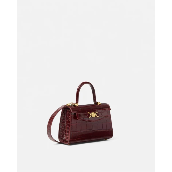 Versace Medusa '95 Small Croc-Effect Top-Handle in Burgundy, view 2 | Totes & Top-Handle Bags