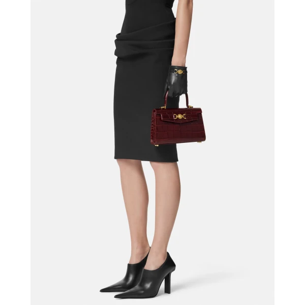 Versace Medusa '95 Small Croc-Effect Top-Handle in Burgundy, view 3 | Totes & Top-Handle Bags