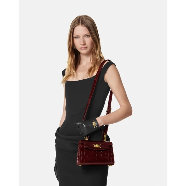 Versace Medusa '95 Small Croc-Effect Top-Handle in Burgundy, view 4 | Totes & Top-Handle Bags