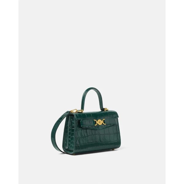 Versace Medusa '95 Small Croc-Effect Top-Handle in Green, view 2 | Totes & Top-Handle Bags