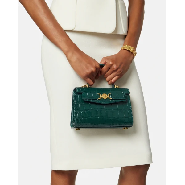 Versace Medusa '95 Small Croc-Effect Top-Handle in Green, view 3 | Totes & Top-Handle Bags