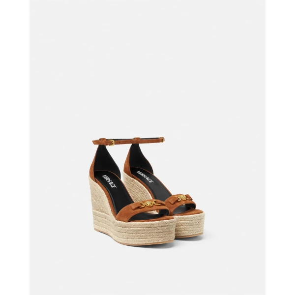 Versace Medusa '95 Suede Wedge Sandals 120 mm in Brown, view 2 | Sandals