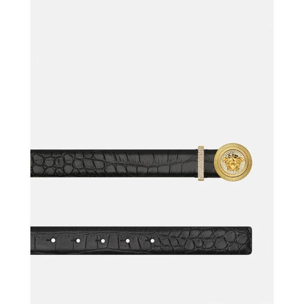 Versace Medusa Biggie Embellished Croc-Effect Belt 3 cm in Black and Gold, view 2 | Belts