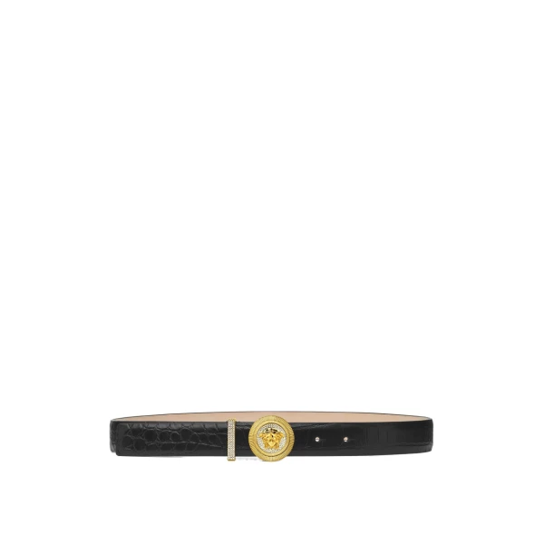Versace Medusa Biggie Embellished Croc-Effect Belt 3 cm in Black and Gold | Belts | Coveti