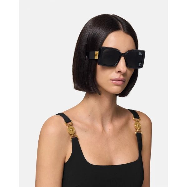 Versace Medusa Plaque Maxi Sunglasses in Black and Gold, view 3 | Sunglasses